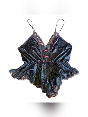 Vintage 80s Black Lace Lingerie Tank Top Ruffles Bow Large Whimsigoth Romantic